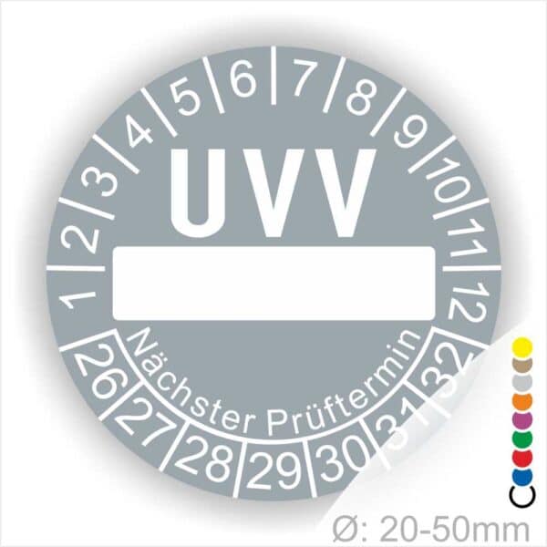 Prüfplaketten, rund, Farbe- Grau, Text "UVV Nächster Prüftermin" in Weiß. Als nächstes kommt ein Beschriftungfeld / Leerfeld in Farbe Weiß. Startjahr- 26 Monatszahlen Oben und Jahreszahlen Unten in Kreisform. über den Jahreszahlen Text "Nächster Prüftermin" Die Prüfplakette wird verwendet zur Prüfung von Anlagen & Maschine