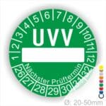 Prüfplaketten, rund, Farbe- Grün, Text "UVV Nächster Prüftermin" in Weiß. Als nächstes kommt ein Beschriftungfeld / Leerfeld in Farbe Weiß. Startjahr- 26, Monatszahlen Oben und Jahreszahlen Unten in Kreisform. über den Jahreszahlen Text "Nächster Prüftermin" Die Prüfplakette wird verwendet zur Prüfung von Anlagen & Maschine