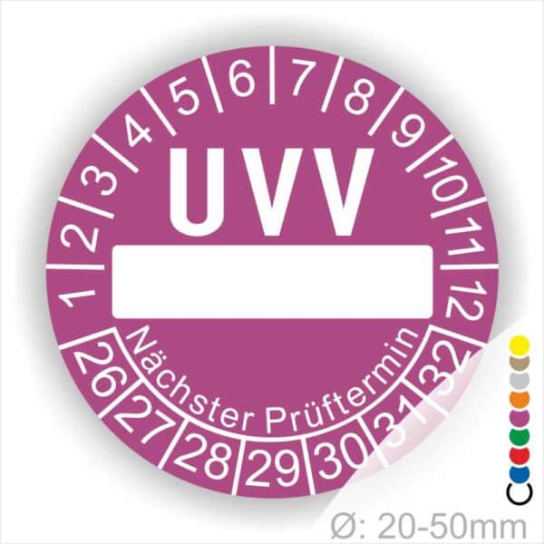 Prüfplaketten, rund, Farbe- Lila, Text "UVV Nächster Prüftermin" in Weiß. Als nächstes kommt ein Beschriftungfeld / Leerfeld in Farbe Weiß. Startjahr- 26, Monatszahlen Oben und Jahreszahlen Unten in Kreisform. über den Jahreszahlen Text "Nächster Prüftermin" Die Prüfplakette wird verwendet zur Prüfung von Anlagen & Maschine