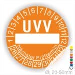 Prüfplaketten, rund, Farbe- Orange, Text "UVV Nächster Prüftermin" in Weiß. Als nächstes kommt ein Beschriftungfeld / Leerfeld in Farbe Weiß. Startjahr- 26, Monatszahlen Oben und Jahreszahlen Unten in Kreisform. über den Jahreszahlen Text "Nächster Prüftermin" Die Prüfplakette wird verwendet zur Prüfung von Anlagen & Maschine