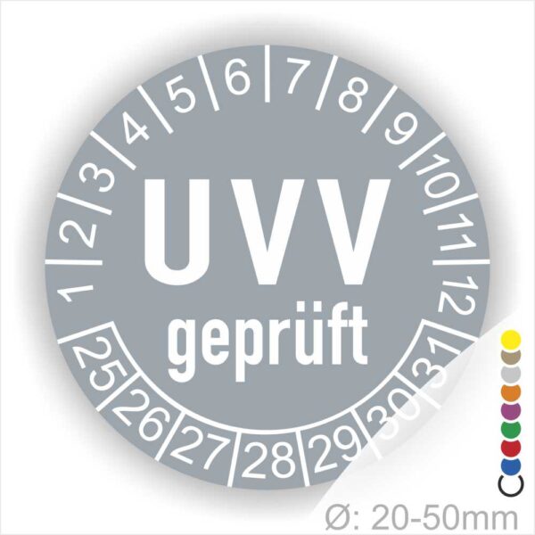 Prüfplaketten, Prüfetikette rund, Farbe- Grau, Text "UVV geprüft" in Weiß. Startjahr- 24, Monatszahlen Oben und Jahreszahlen Unten in Kreisform.