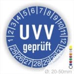 Prüfplaketten, Prüfetiketten rund, Farbe- Blau, Text "UVV geprüft" in Weiß. Startjahr- 25, Monatszahlen Oben und Jahreszahlen Unten in Kreisform.