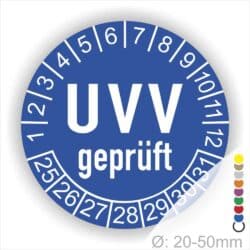 Prüfplaketten, Prüfetiketten rund, Farbe- Blau, Text "UVV geprüft" in Weiß. Startjahr- 25, Monatszahlen Oben und Jahreszahlen Unten in Kreisform.