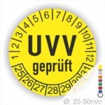 Prüfplaketten, Prüfetikette rund, Farbe- Gelb, Text "UVV geprüft" in Schwarz. Startjahr- 25, Monatszahlen Oben und Jahreszahlen Unten in Kreisform.