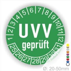 Prüfplaketten, Prüfetiketten rund, Farbe- Grün, Text "UVV geprüft" in Weiß. Startjahr- 25, Monatszahlen Oben und Jahreszahlen Unten in Kreisform.