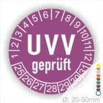 Prüfplaketten, Prüfetikette rund, Farbe- Lila, Text "UVV geprüft" in Weiß. Startjahr- 25, Monatszahlen Oben und Jahreszahlen Unten in Kreisform.