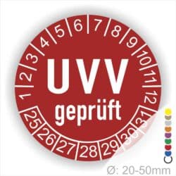Prüfplaketten, Prüfetiketten rund, Farbe- Rot, Text "UVV geprüft" in Weiß. Startjahr- 25, Monatszahlen Oben und Jahreszahlen Unten in Kreisform.