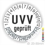 Prüfplaketten, Prüfetiketten rund, Farbe- Weiß, Text "UVV geprüft" in Schwarz. Startjahr- 25, Monatszahlen Oben und Jahreszahlen Unten in Kreisform.