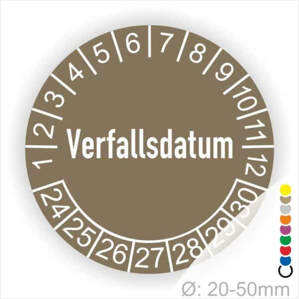 Prüfetiketten, Prüfaukleber rund, Farbe- Braun, Text auf Englisch "Verfallsdatum" in Weiß. Startjahr- 24, Monatszahlen Oben und Jahreszahlen Unten in Kreisform.