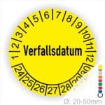 Prüfetiketten, Prüfaukleber rund, Farbe- Gelb, Text auf Englisch "Verfallsdatum" in Schwarz. Startjahr- 24, Monatszahlen Oben und Jahreszahlen Unten in Kreisform.