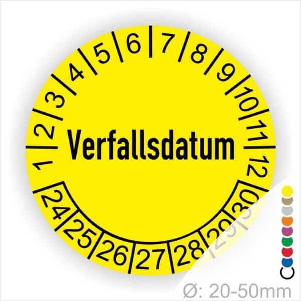 Prüfetiketten, Prüfaukleber rund, Farbe- Gelb, Text auf Englisch "Verfallsdatum" in Schwarz. Startjahr- 24, Monatszahlen Oben und Jahreszahlen Unten in Kreisform.