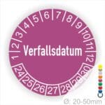 Prüfetiketten, Prüfaukleber rund, Farbe- Lila, Text auf Englisch "Verfallsdatum" in Weiß. Startjahr- 24, Monatszahlen Oben und Jahreszahlen Unten in Kreisform.