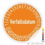 Prüfetiketten, Prüfaukleber rund, Farbe- Orange, Text auf Englisch "Verfallsdatum" in Weiß. Startjahr- 24, Monatszahlen Oben und Jahreszahlen Unten in Kreisform.