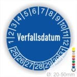 Prüfetiketten, Prüfaukleber rund, Farbe- Blau, Text auf Englisch "Verfallsdatum" in Weiß. Startjahr- 25, Monatszahlen Oben und Jahreszahlen Unten in Kreisform.