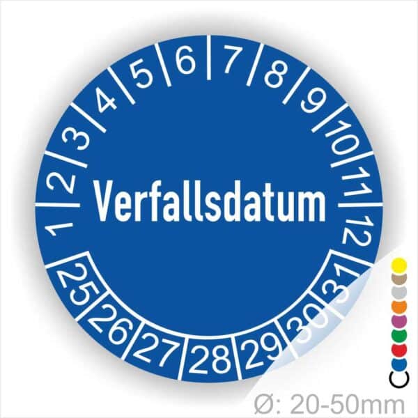 Prüfetiketten, Prüfaukleber rund, Farbe- Blau, Text auf Englisch "Verfallsdatum" in Weiß. Startjahr- 25, Monatszahlen Oben und Jahreszahlen Unten in Kreisform.