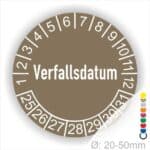 Prüfetiketten, Prüfaukleber rund, Farbe- Braun, Text auf Englisch "Verfallsdatum" in Weiß. Startjahr- 25, Monatszahlen Oben und Jahreszahlen Unten in Kreisform.