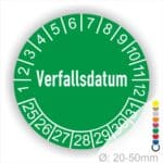Prüfetiketten, Prüfaukleber rund, Farbe- Grün, Text auf Englisch "Verfallsdatum" in Weiß. Startjahr- 25, Monatszahlen Oben und Jahreszahlen Unten in Kreisform.