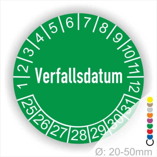Prüfetiketten, Prüfaukleber rund, Farbe- Grün, Text auf Englisch "Verfallsdatum" in Weiß. Startjahr- 25, Monatszahlen Oben und Jahreszahlen Unten in Kreisform.