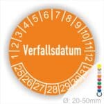 Prüfetiketten, Prüfaukleber rund, Farbe- Orange, Text auf Englisch "Verfallsdatum" in Weiß. Startjahr- 25, Monatszahlen Oben und Jahreszahlen Unten in Kreisform.