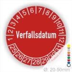 Prüfetiketten, Prüfaukleber rund, Farbe- Rot, Text auf Englisch "Verfallsdatum" in Weiß. Startjahr- 25, Monatszahlen Oben und Jahreszahlen Unten in Kreisform.