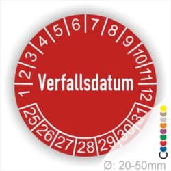 Prüfetiketten, Prüfaukleber rund, Farbe- Rot, Text auf Englisch "Verfallsdatum" in Weiß. Startjahr- 25, Monatszahlen Oben und Jahreszahlen Unten in Kreisform.
