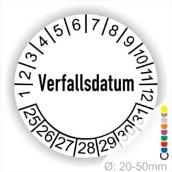 Prüfetiketten, Prüfaukleber rund, Farbe- Weiß, Text auf Englisch "Verfallsdatum" in Schwarz. Startjahr- 25, Monatszahlen Oben und Jahreszahlen Unten in Kreisform.