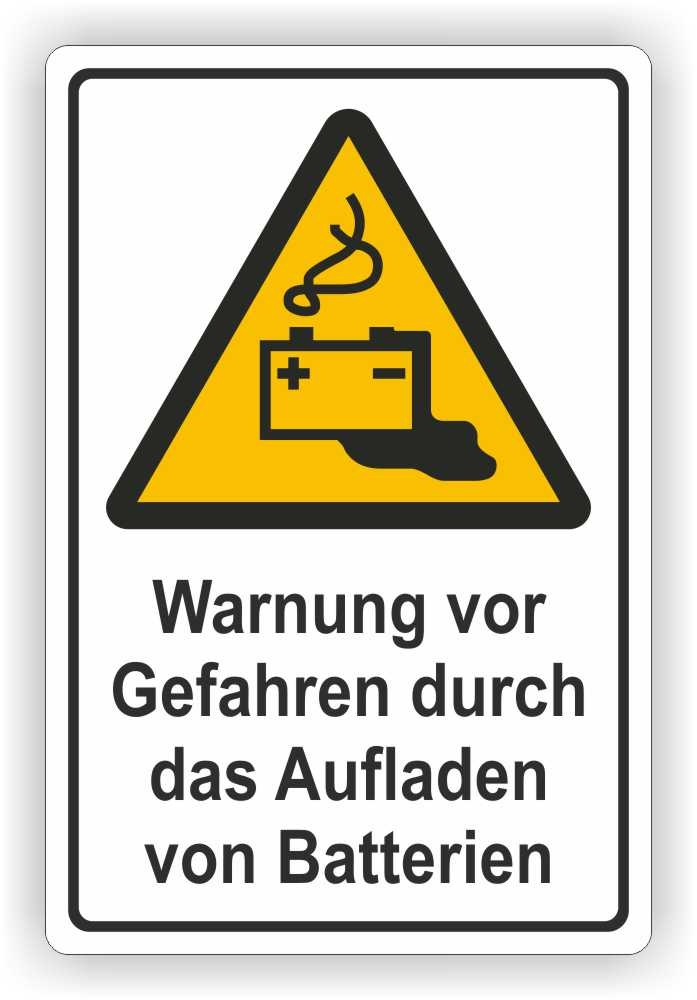 Warnzeichen-S-W0026-Batterie-Warnschild Warnschild mit einer Warnung vor Gefahren beim Aufladen von Batterien, dargestellt durch ein Batterie-Symbol mit Rauch und auslaufender Flüssigkeit auf einem gelben Hintergrund.
