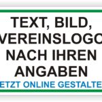 Beschilderung für individuelle Gestaltung von Text, Bild und Vereinslogo nach Kundenangaben, mit dem Hinweis, dass die Erstellung online möglich ist.