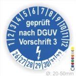 Sicherheitskennzeichen mit dem Text "geprüft nach DGUV Vorschrift 3", umgeben von Zahlen von 1 bis 32, für die Kennzeichnung von geprüften elektrischen Geräten mit einem Durchmesser von 20-50 mm.
