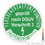 Grünes Prüfzeichen nach DGUV Vorschrift 3, Durchmesser 20-50mm, mit Zahlen von 1 bis 12 und Sicherheitsblitzsymbol, zur Kennzeichnung geprüfter Geräte.