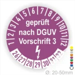 Sicherheitsprüfungsschild nach DGUV Vorschrift 3, farblich gekennzeichnet mit einem Durchmesser von 20-50 mm, zeigt die Prüfnummern von 1 bis 32 und ein Blitzsymbol für elektrische Sicherheit.