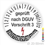Prüfziffern für DGUV Vorschrift 3, Sicherheitskennzeichnung für elektrische Geräte, Durchmesser 20-50 mm, zeigt den Prüfstatus an.