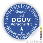 Blaues Prüfzeichen nach DGUV Vorschrift 3, mit Zahlen von 1 bis 30, für Geräte mit einem Durchmesser von 20-50 mm.