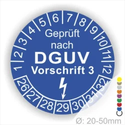 Blaues Prüfzeichen nach DGUV Vorschrift 3, mit Zahlen von 1 bis 30, für Geräte mit einem Durchmesser von 20-50 mm.