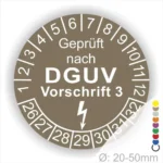 Prüfsiegel nach DGUV Vorschrift 3, rundes Design mit Zahlen von 1 bis 32, zur Kennzeichnung von elektrischen Geräten mit einem Durchmesser von 20-50 mm.