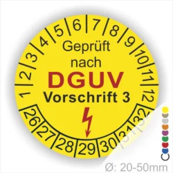 Prüfplakette rund mit Text geprüft nach DGUV Vorschrift 3 danach Elektropfeil in Rot. Plaketten Farbe- Gelb und Text in Schwarz. Monatszahlen oben und Jahreszahlen unten beginnend mit Startjahr- 26
