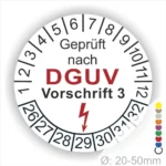 Prüfsiegel für elektrische Geräte, geprüft nach DGUV Vorschrift 3, mit Zahlen von 1 bis 12 und einem Blitzsymbol, Durchmesser 20-50 mm.