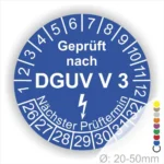Prüfzertifikat nach DGUV V3 für elektrische Geräte, mit blauem Hintergrund und nächstem Prüftermin. Durchmesser: 20-50 mm.