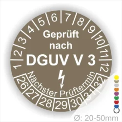 Prüfsiegel für elektrische Geräte, gemäß DGUV V3, mit nächstem Prüftermin und Durchmesserangabe von 20-50 mm.