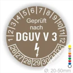 Alt-Text: Prüfplakette für elektrische Geräte, geprüft nach DGUV V3, mit Zahlen von 1 bis 32 und einem Durchmesser von 20-50 mm.
