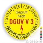 Prüfplakette rund mit Text geprüft nach DGUV V 3 danach Elektropfeil und Text Nächster Prüftermin. Plaketten Farbe- Gelb und Text in Schwarz- Rot. Monatszahlen oben und Jahreszahlen unten beginnend mit Startjahr- 26. Durchmesser 20-50mm frei wählbar.