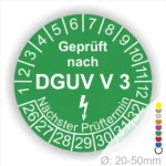 Prüfsiegel gemäß DGUV V3 für Geräte mit einem Durchmesser von 20-50 mm, zeigt den nächsten Prüftermin an.