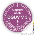 Prüfzertifikat nach DGUV V3 für Geräte mit einem Durchmesser von 20-50 mm, das den nächsten Prüftermin anzeigt.