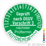 Grüne Prüfplakette nach DGUV Vorschrift 3 mit Angabe des nächsten Prüftermins, Durchmesser 20-50 mm.