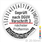 Alt-Text: Prüfplakette nach DGUV Vorschrift 3 mit Angaben zum nächsten Prüftermin und einem Durchmesser von 20-50 mm.
