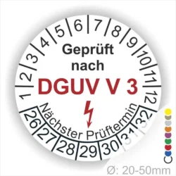 Prüfsiegel nach DGUV V3 für elektrische Geräte, mit nächstem Prüftermin und Durchmesserangabe von 20-50 mm.