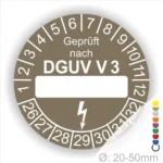 Prüfzertifikat nach DGUV V3 für elektrische Geräte, rundes Etikett mit nummerischen Prüfintervallen von 1 bis 12 sowie Platz für individuelle Eintragungen, Durchmesser 20-50 mm.