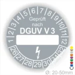 DGUV V3 Prüfplakette für elektrische Geräte, grau mit nummerierten Prüfmonaten, Platz für das Prüfdatum, Durchmesser 20-50 mm.