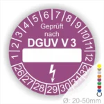 Prüfzertifikat DGUV V3 für elektrische Geräte, lila Prüfaufkleber mit Platz für das Prüfdatum, Durchmesser 20-50 mm, nummerierte Skala von 1 bis 32.