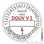 Prüfziffern gemäß DGUV V3 auf einem Prüfaufkleber für elektrische Geräte, mit Platz für das Prüfdatum und einer Blitzsymbolik. Durchmesser: 20-50 mm.